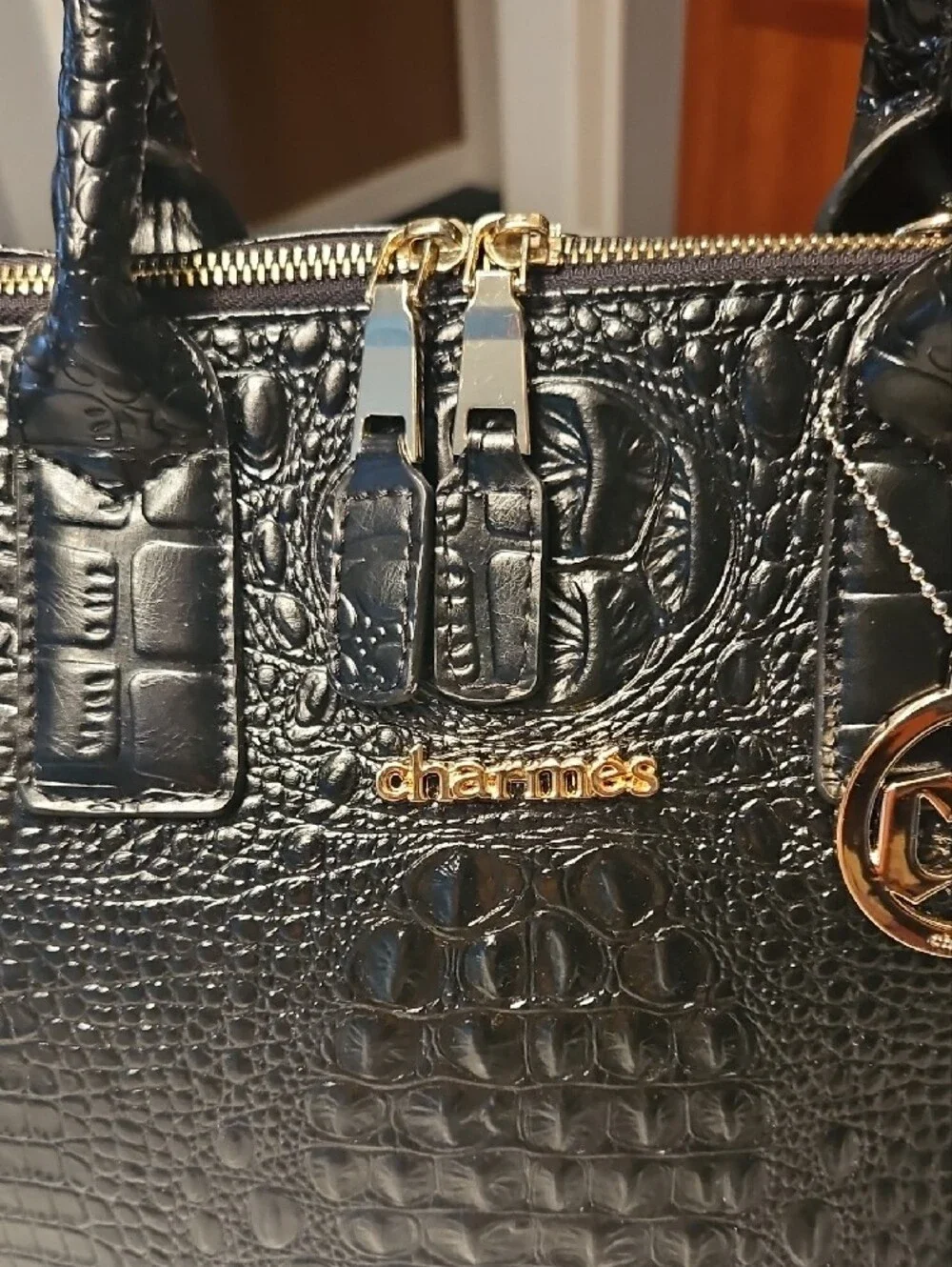Never Carried  Black Charmes Croc-Embossed Satchel with Gold Hardware